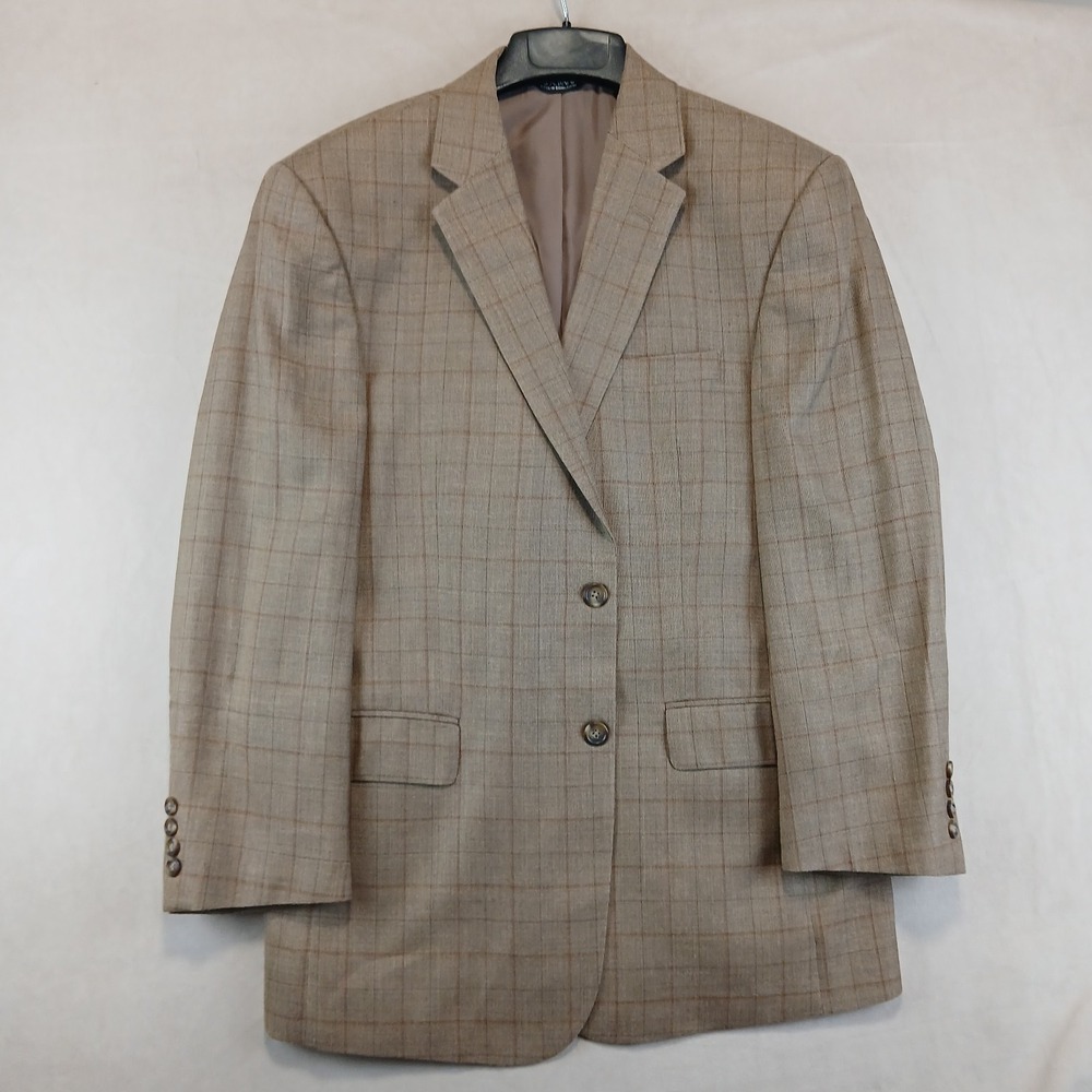 Jos A Bank 42R Mens Blazer Sport Coat Silk Wool FLAWS Beige Windowpane 21x31